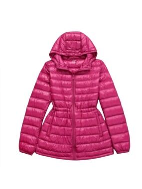 UNIQLO Pink Down Filled Packable Hooded Puffer Coat,  Draw string Waist  sz Med